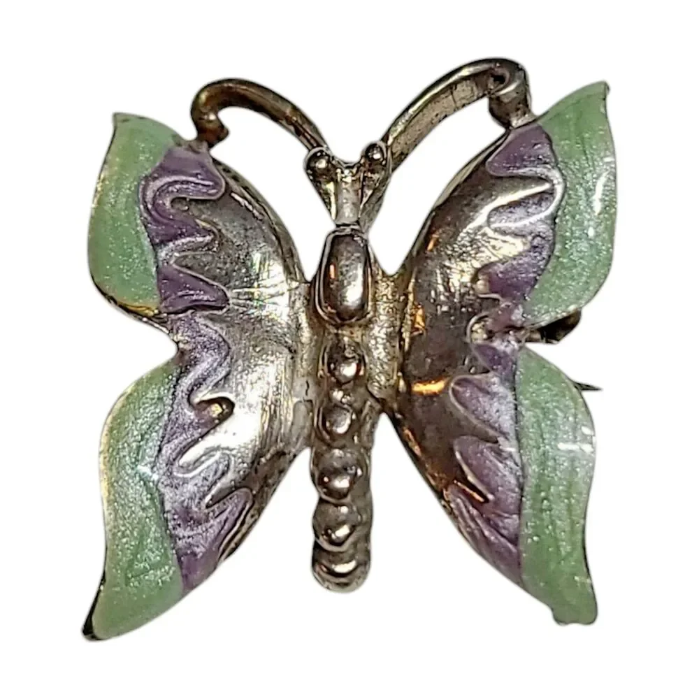 Vintage Purple Green Shimmer Enamel Butterfly Silver Tone Brooch Pin
